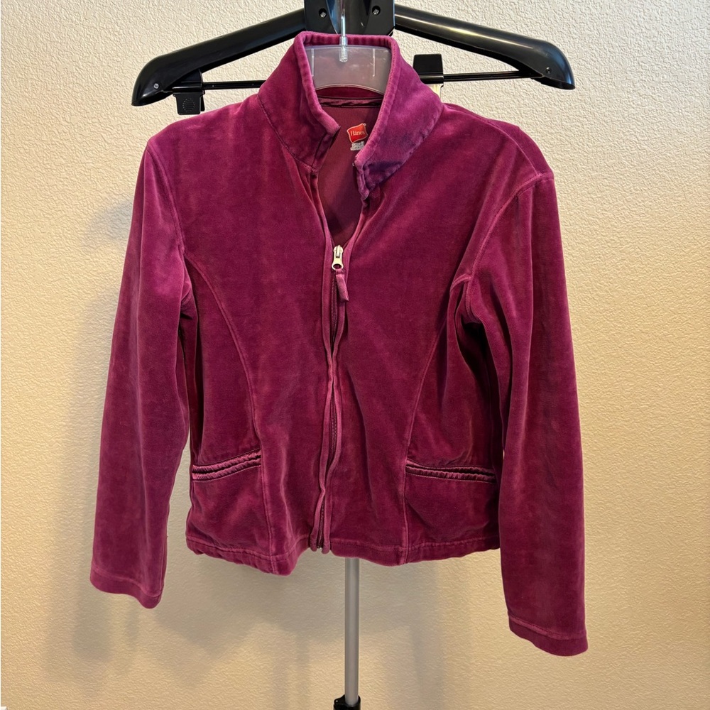 Y2K Hanes Velour Zip Up Jacket Magenta Pink Size Small